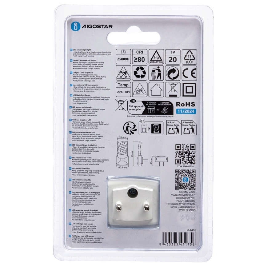 Aigostar - LED Nachtleuchte mit Dämmerungssensor LED/0,2W/230V 6500K