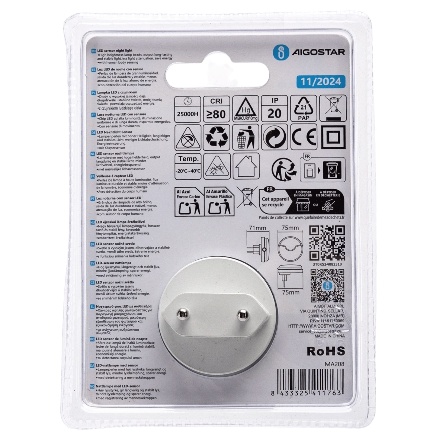 Aigostar - LED Nachtleuchte mit Dämmerungssensor LED/0,5W/230V 3000K