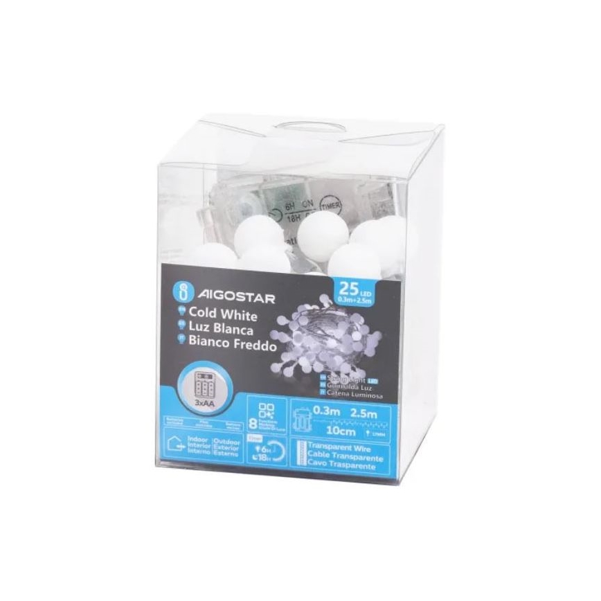 Aigostar - LED-Weihnachtslichterkette für den Außenbereich 25xLED/3xAA/8 Funktionen 2,8 m IP44 kaltweiß