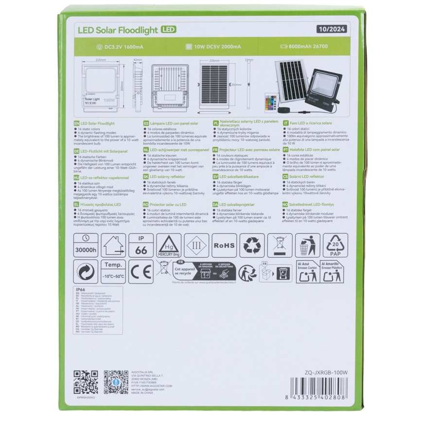 Aigostar - LED RGB dimmbarer Solarstrahler LED/100W/3,2V IP66 + Fernbedienung
