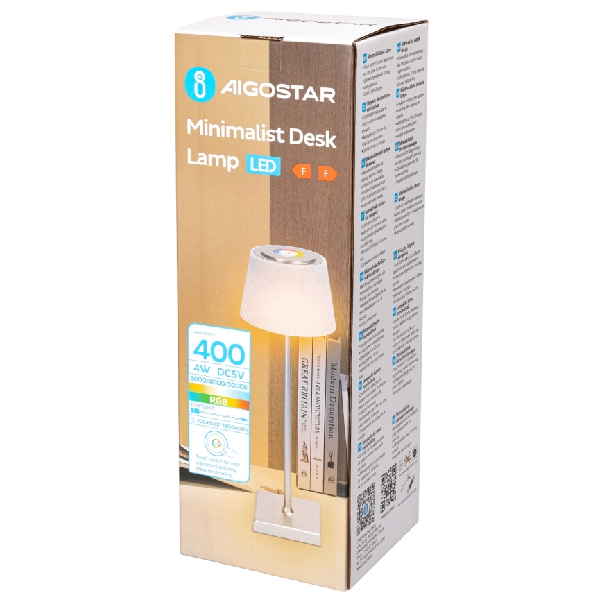 Aigostar - Dimmbare, aufladbare LED-RGBW-Tischleuchte für den Außenbereich LED/4W/5V 3600mAh weiß/matt Chrom IP54