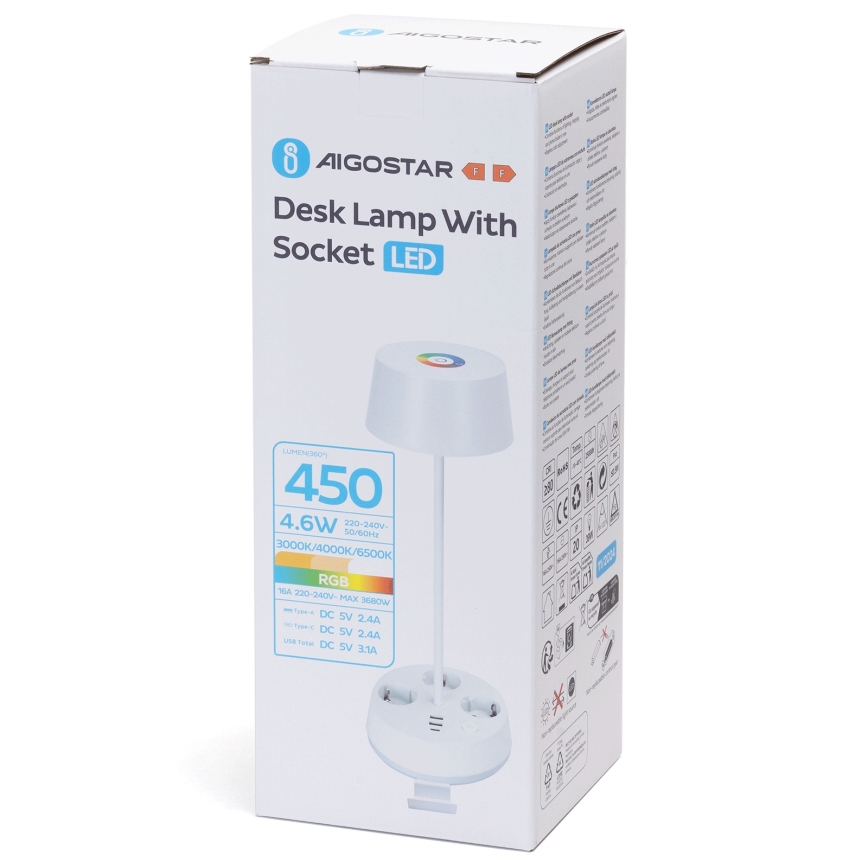Aigostar - LED RGBW dimmbare Tischlampe mit Steckdosen und USB-Anschluss LED/4,6W/230V 3000/4000/6500K weiß