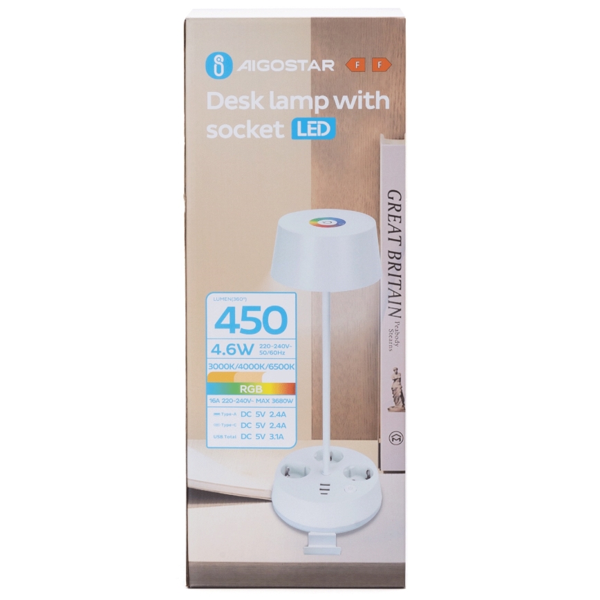 Aigostar - LED RGBW dimmbare Tischlampe mit Steckdosen und USB-Anschluss LED/4,6W/230V 3000/4000/6500K weiß