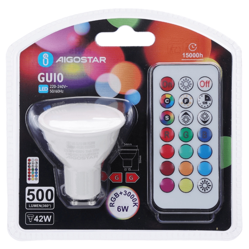 Aigostar - LED RGBW dimmbare GU10-LED-Lampe 6W 230V 3000K + Fernbedienung