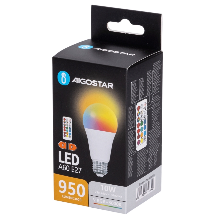 Aigostar - Dimmbares LED-RGBW-Leuchtmittel A60 E27/10W/230V 3000K + Fernbedienung