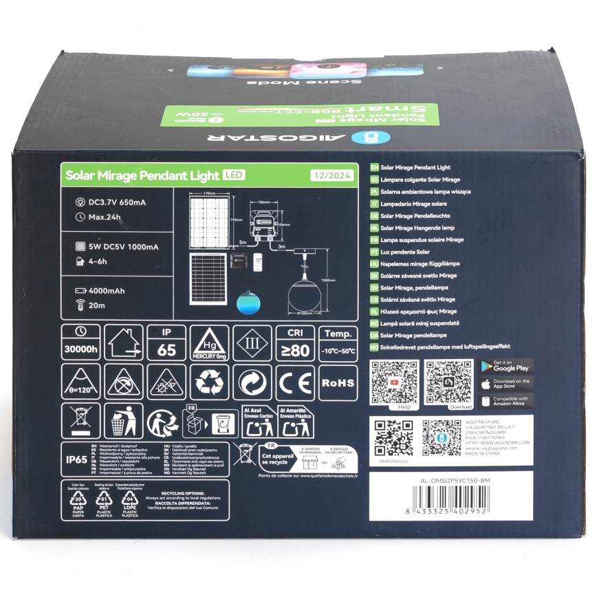 Aigostar - LED RGBW Dimmbare Solar-Hängeleuchte MESH LED/20W/3,7V 4000 mAh 2700K-6500K IP65 d 15 cm