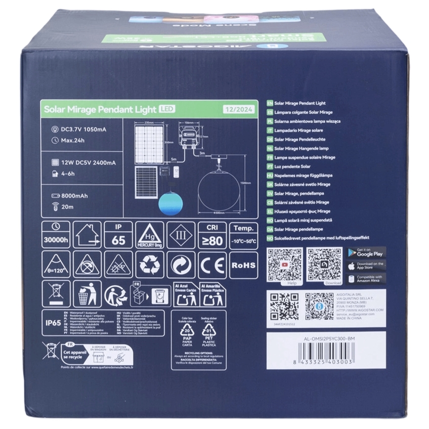 Aigostar - LED RGBW Dimmbare Solar-Hängeleuchte MESH LED/5W/3,7V 8000 mAh 2700K-6500K IP65 d 30 cm
