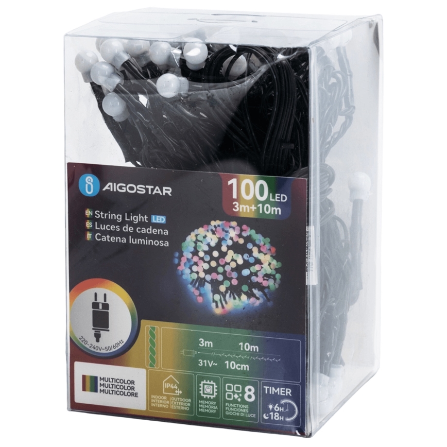 Aigostar - LED-Außen-Dekorationslichterkette, 100 LEDs / 8 Funktionen, 10 m, IP44, mehrfarbig
