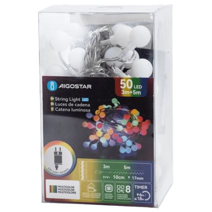 Aigostar - LED-Lichterkette für den Außenbereich, 50xLED, 8 Funktionen, 5 m, IP44, mehrfarbig