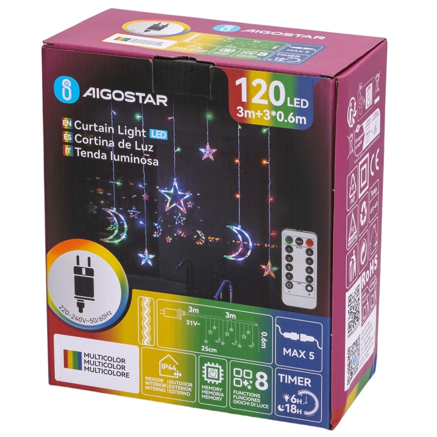 Aigostar - LED RGBY Außen-Lichterkette 120 LEDs / 8 Funktionen, 3 x 0,6 m, IP44, mehrfarbig + Fernbedienung
