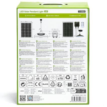Aigostar - LED-Solar-Hängelampe 70 W / 12 V, 6000 mAh, 6500 K, IP65, Ø 23,5 cm + Fernbedienung