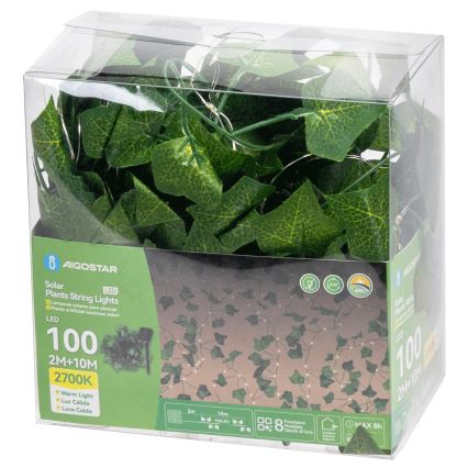 Aigostar - LED Solar-Lichterkette 100xLED/12m IP65 300 mAh warmweiß Efeu