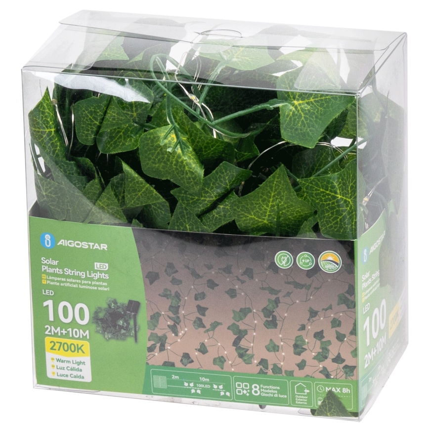 Aigostar - LED Solar-Lichterkette 100xLED/12m IP65 300 mAh warmweiß Efeu