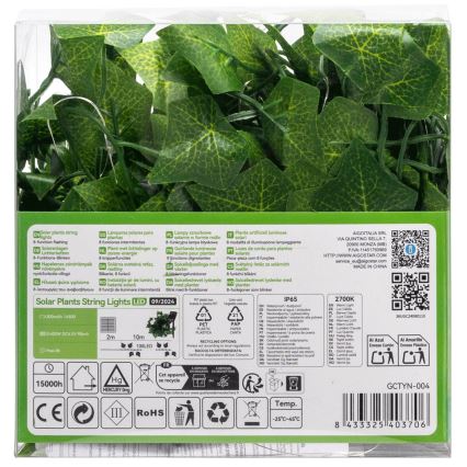 Aigostar - LED Solar-Lichterkette 100xLED/12m IP65 300 mAh warmweiß Efeu