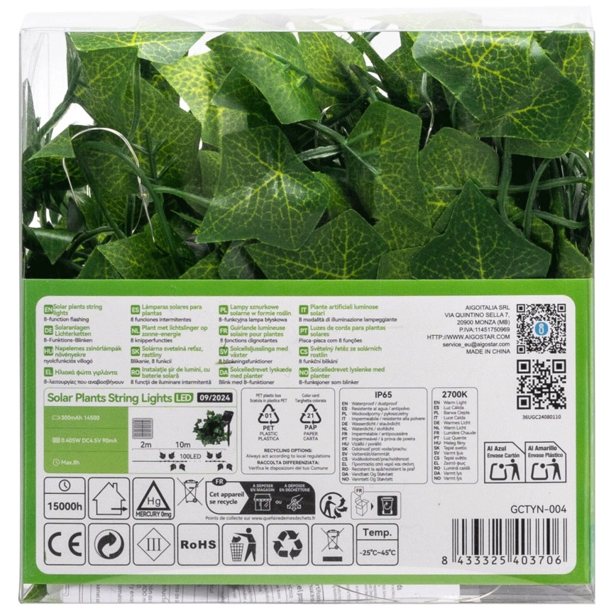 Aigostar - LED Solar-Lichterkette 100xLED/12m IP65 300 mAh warmweiß Efeu