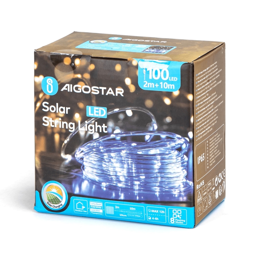 Aigostar - LED Solar-Weihnachtslichterkette 100xLED/8 Funktionen 12m IP65 kaltweiß 800 mAh