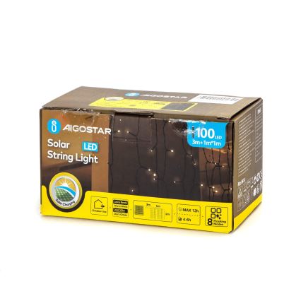 Aigostar - Solar-LED-Lichterkette 100xLED/8 Funktionen 4x1m IP65 warmweiß 800 mAh