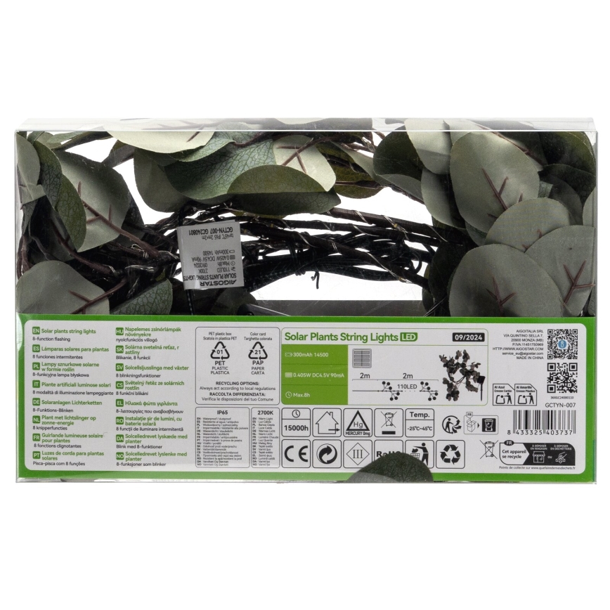 Aigostar - LED Solar-Lichterkette 110xLED/4m IP65 300 mAh warmweiß Eukalyptus