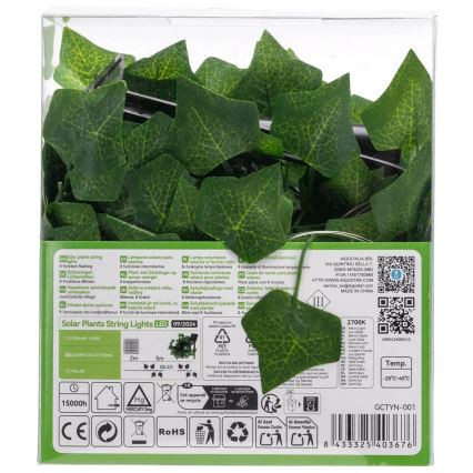 Aigostar - LED Solar-Lichterkette 50xLED/7m IP65 300 mAh warmweiß Efeu