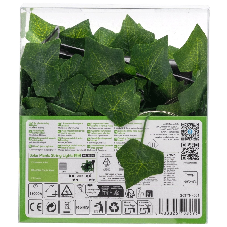 Aigostar - LED Solar-Lichterkette 50xLED/7m IP65 300 mAh warmweiß Efeu