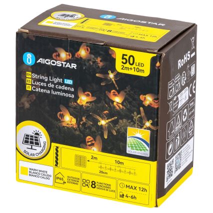 Aigostar - LED-Solar-Dekorations-Lichterkette, 50 LEDs, 8 Funktionen, 10 m, 800 mAh, IP65, warmweiß
