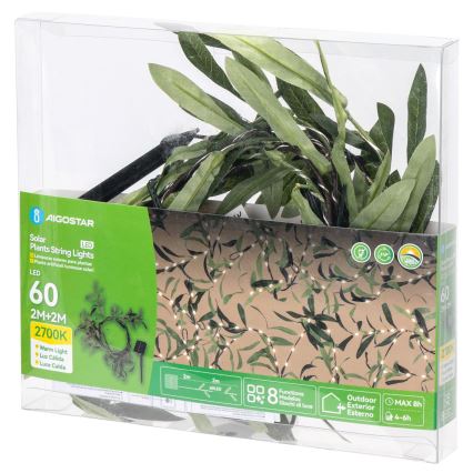 Aigostar - LED Solar-Lichterkette 60xLED/4m IP65 300 mAh warmweiß Olive