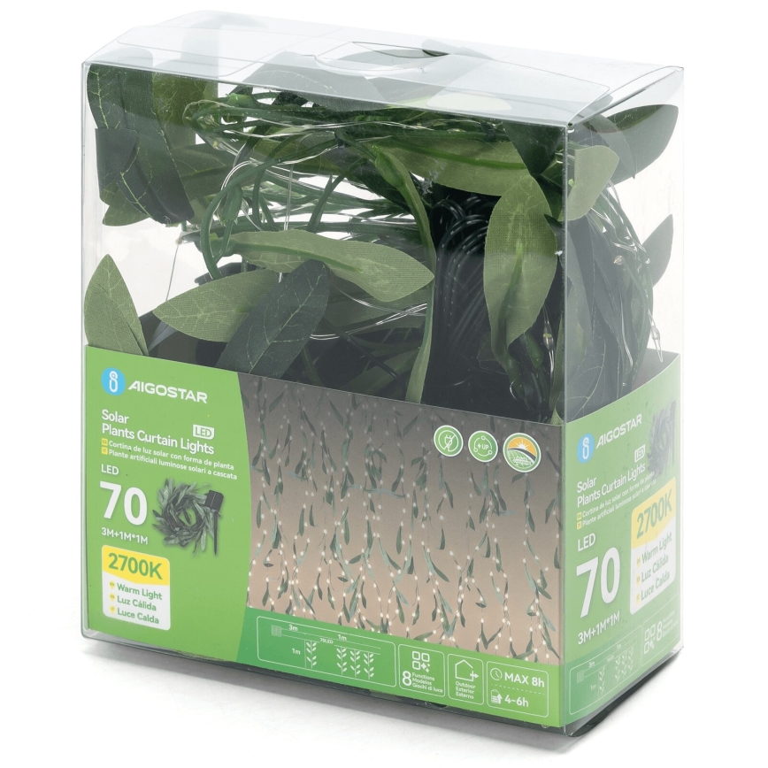 Aigostar - LED Solar-Lichterkette 70xLED/4x1m IP65 300 mAh warmweiß Olive