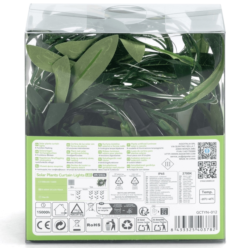 Aigostar - LED Solar-Lichterkette 70xLED/4x1m IP65 300 mAh warmweiß Olive