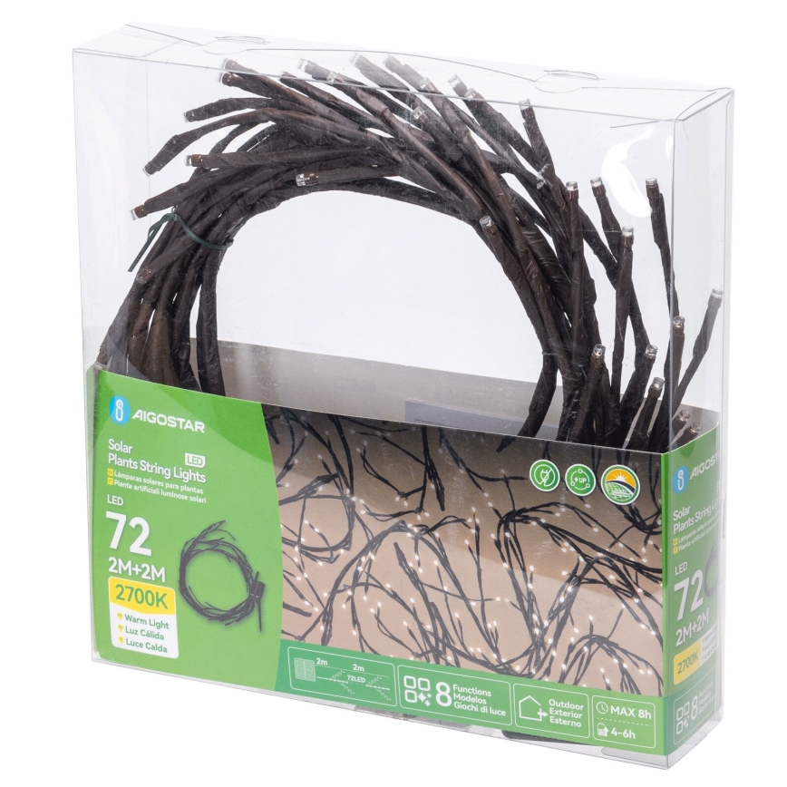 Aigostar - LED Solar-Lichterkette 72xLED/4m IP65 300 mAh warmweiß für Baumzweige