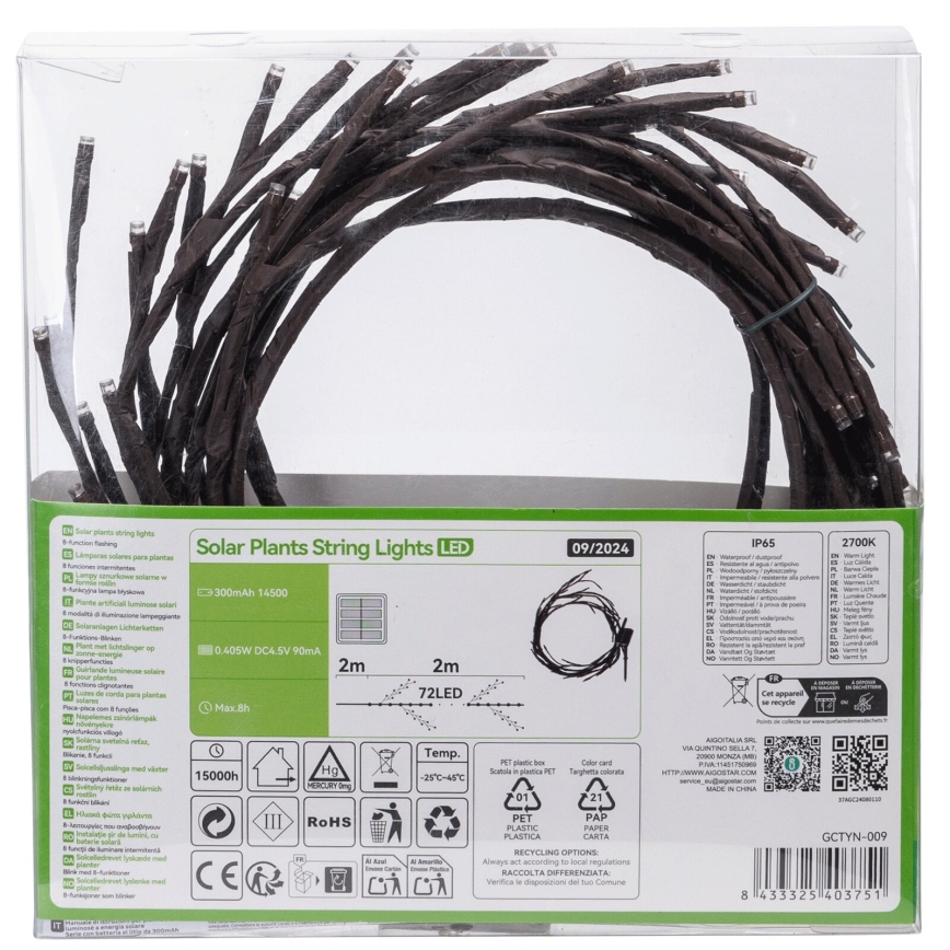 Aigostar - LED Solar-Lichterkette 72xLED/4m IP65 300 mAh warmweiß für Baumzweige