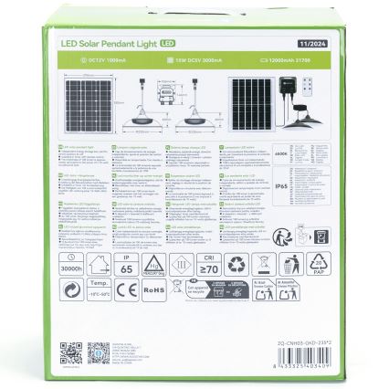 Aigostar - LED-Solar-Hängeleuchte 2xLED/70W/12V 12000 mAh 6500K IP65, Ø 23,5 cm + Fernbedienung