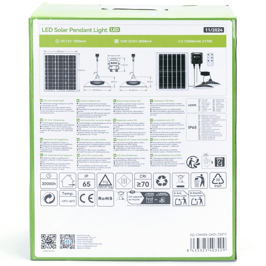 Aigostar - LED-Solar-Hängeleuchte 2xLED/70W/12V 12000 mAh 6500K IP65, Ø 23,5 cm + Fernbedienung
