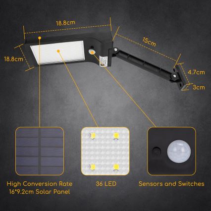Aigostar - LED-Solar-Straßenlaterne mit Sensor LED/2,3W/5,5V 1800 mAh IP65
