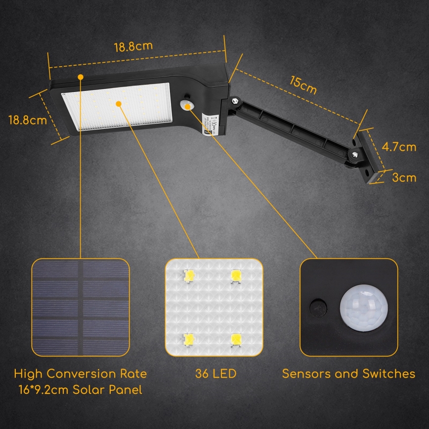 Aigostar - LED-Solar-Straßenlaterne mit Sensor LED/2,3W/5,5V 1800 mAh IP65