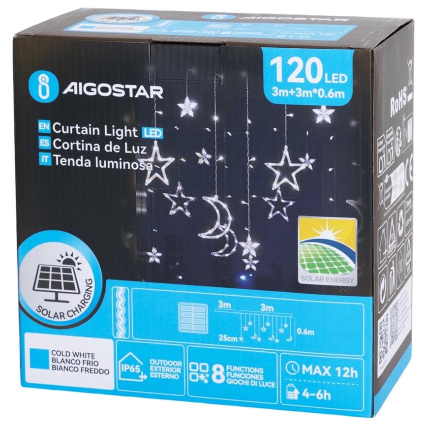 Aigostar - LED Solar-Weihnachtslichterkette 120xLED/8 Funktionen 3x0,6m 500 mAh IP65 kaltweiß