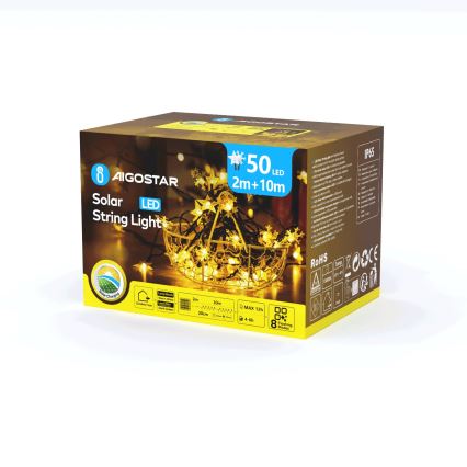 Aigostar - LED Solar-Weihnachts-Lichterkette 50xLED/8 Funktionen 12m 800mAh IP65 warmweiß