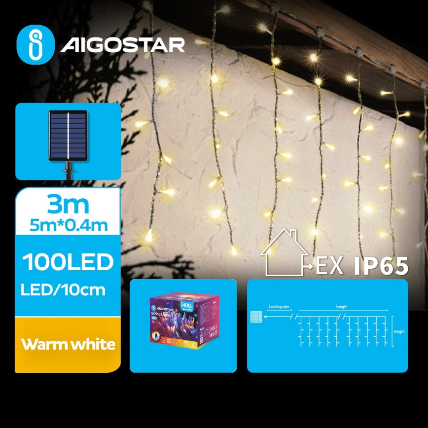 Aigostar - LED-Solar-Weihnachtskette 100xLED/8 Funktionen 8x0,4m IP65 warmweiβ