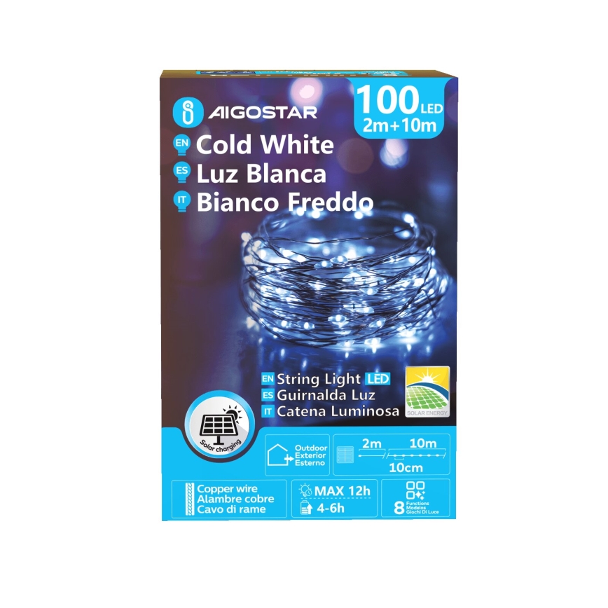 Aigostar - LED Solar Weihnachtslichterkette 100xLED/8 Funktionen 12m IP65 kaltweiß