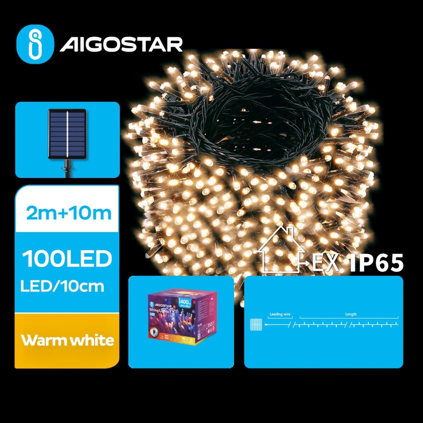Aigostar - LED-Solar-Weihnachtslichterkette 100xLED/8 Funktionen 12m IP65 warmweiβ 800 mAh