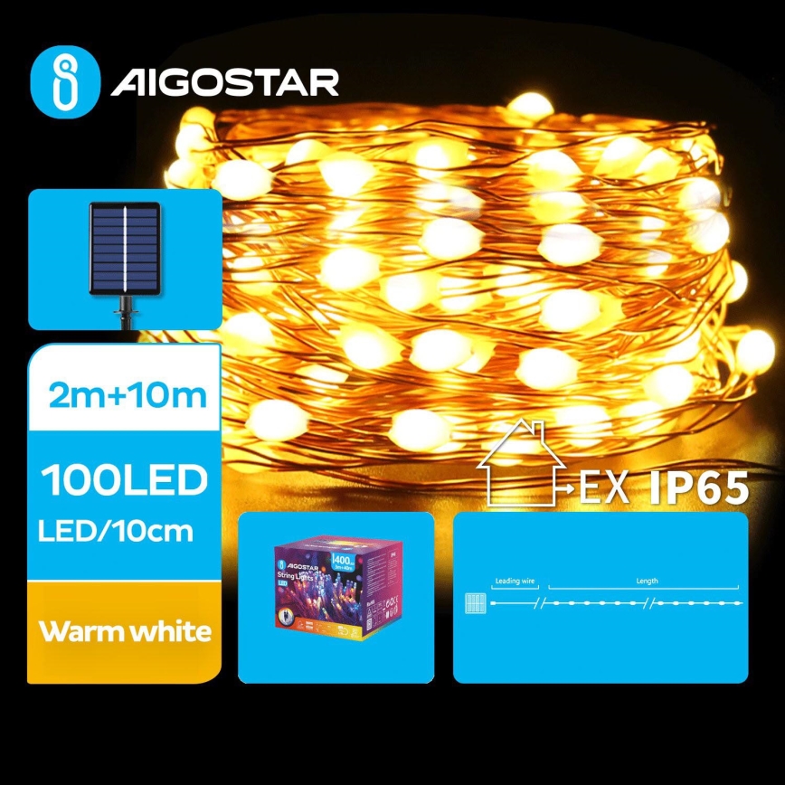 Aigostar - LED Solar Weihnachtslichterkette 100xLED/8 Funktionen 12m IP65 warmweiβ