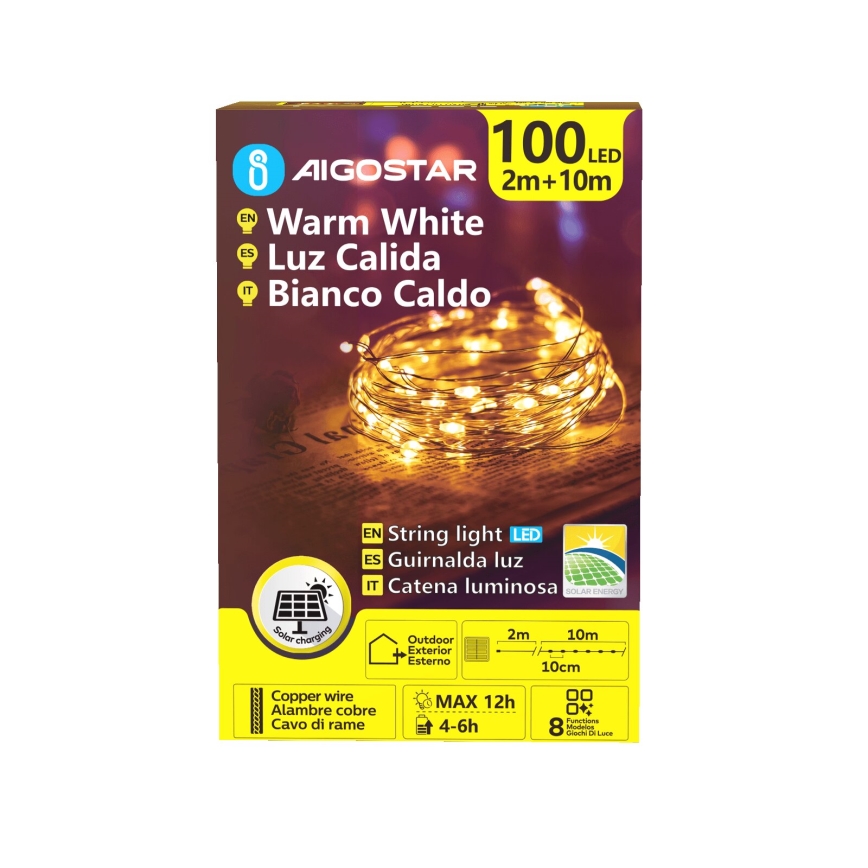 Aigostar - LED Solar Weihnachtslichterkette 100xLED/8 Funktionen 12m IP65 warmweiβ