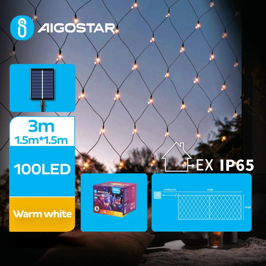 Aigostar - LED-Solar-Weihnachtslichterkette 100xLED/8 Funktionen 4,5x1,5m IP65 warmweiβ 800 mAh