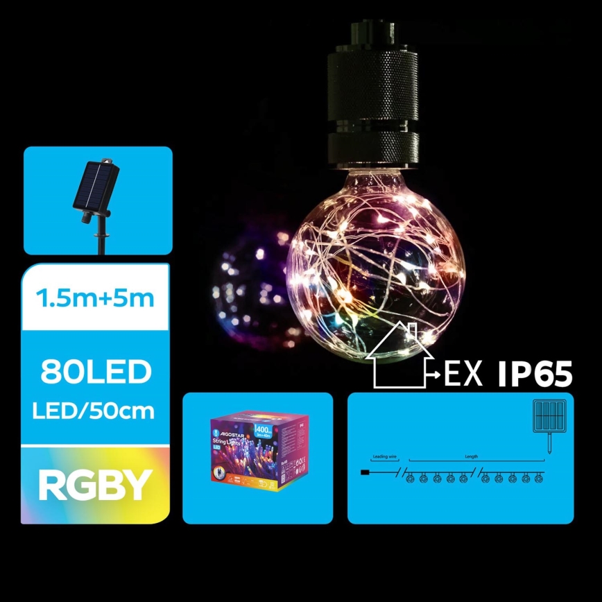 Aigostar - LED-Solar-Weihnachtslichterkette 10xLED/8 Funktionen 6,5m IP65 500 mAh mehrfarbig