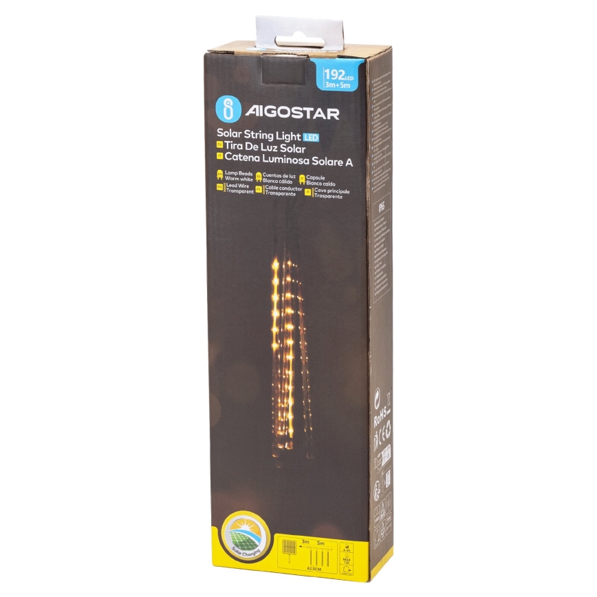 Aigostar - LED-Solar-Weihnachtslichterkette 192xLED/8m IP65 1200 mAh warmweiβ