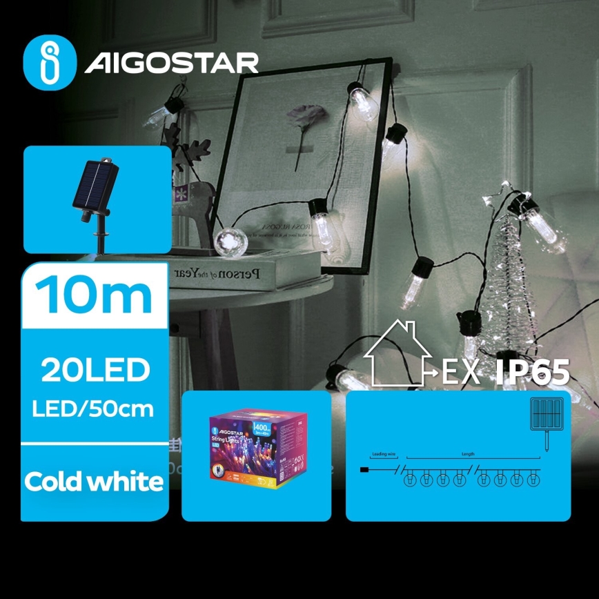 Aigostar - LED-Solar-Weihnachtslichterkette 20xLED/8 Funktionen 11,5m 1200 mAh IP65 kaltweiß