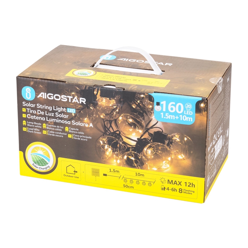 Aigostar - LED-Solar-Weihnachtslichterkette 20xLED/8 Funktionen 11,5m IP65 warmweiβ