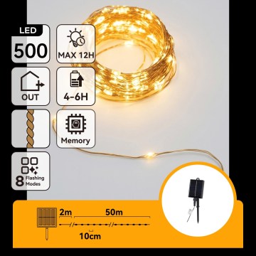 Aigostar - LED-Solar-Weihnachtslichterkette 500 LEDs / 8 Funktionen, 52 m, IP65, warmweiß, 1200 mAh