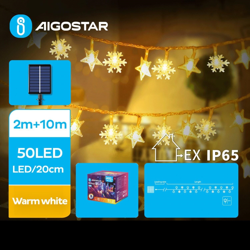 Aigostar - LED-Solar-Weihnachtslichterkette 50xLED/8 Funktionen 12m 800mAh IP65 warmweiβ