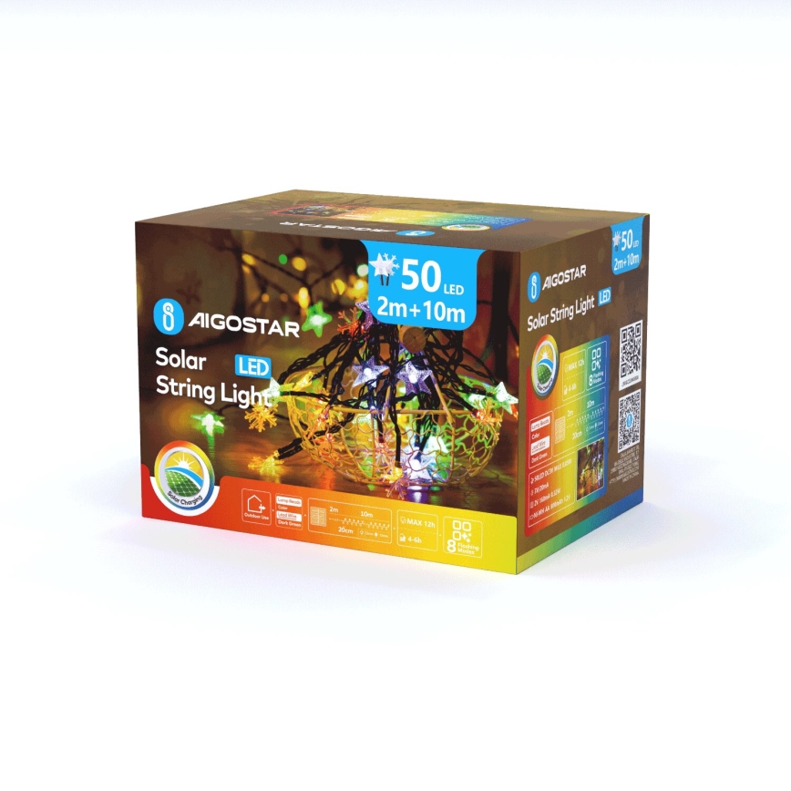 Aigostar - LED-Solar-Weihnachtslichterkette 50xLED/8 Funktionen 12m IP65 mehrfarbig