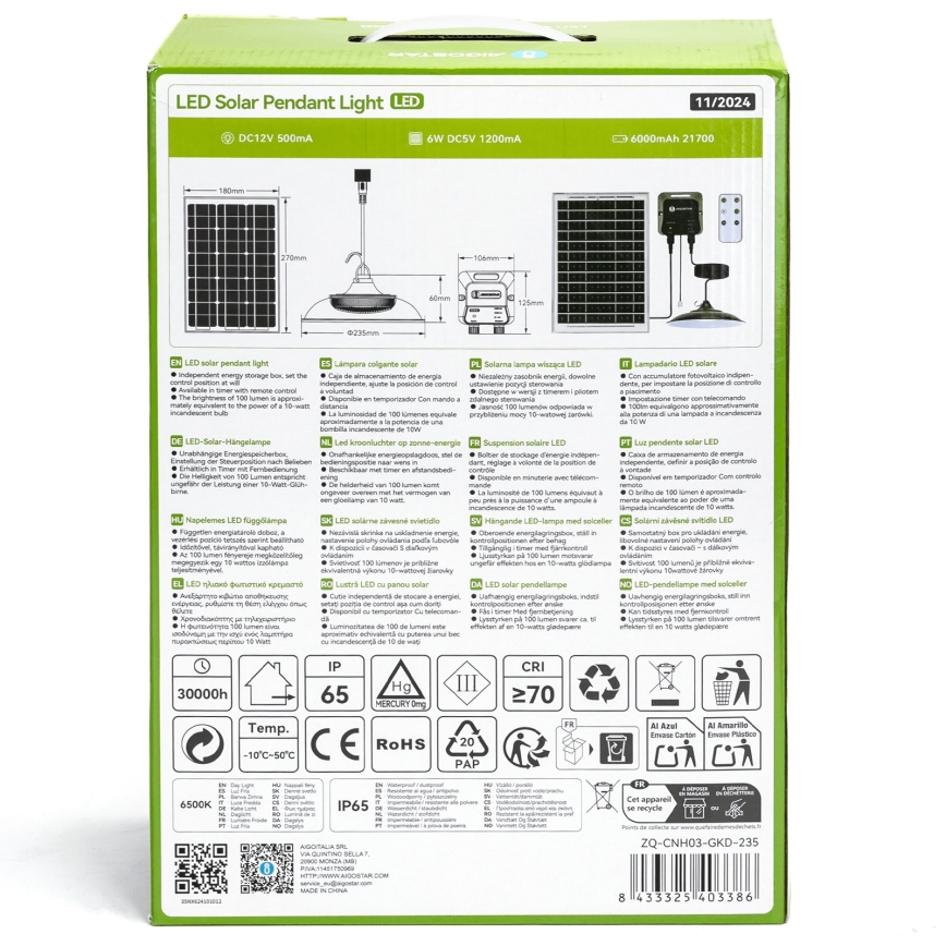Aigostar - LED-Solarhängeleuchte LED/70W/12V 6000 mAh 6500K d 23,5 cm + Fernbedienung